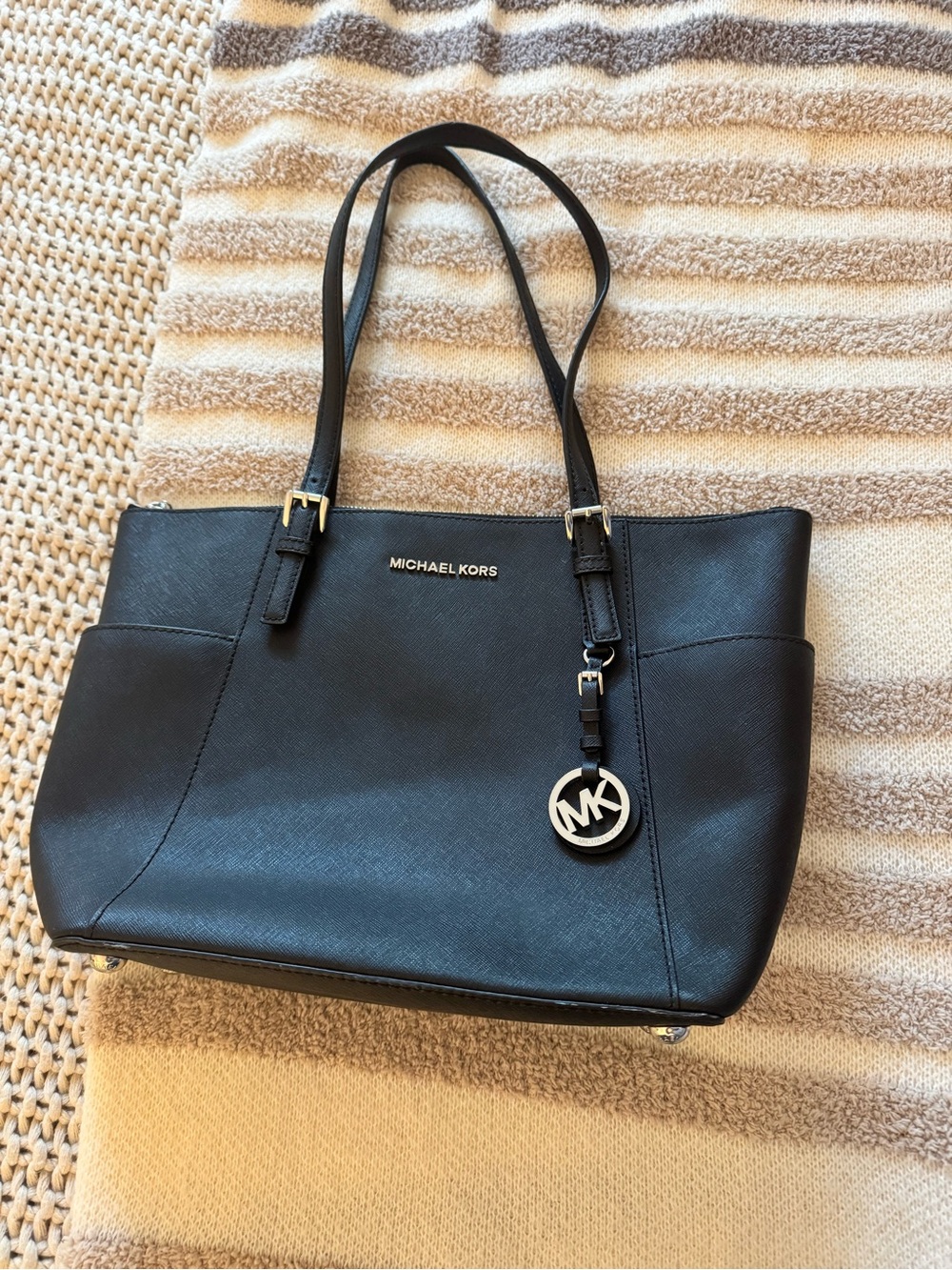 Michael Kors Black Leather Saffiano Tote with Gold Accent